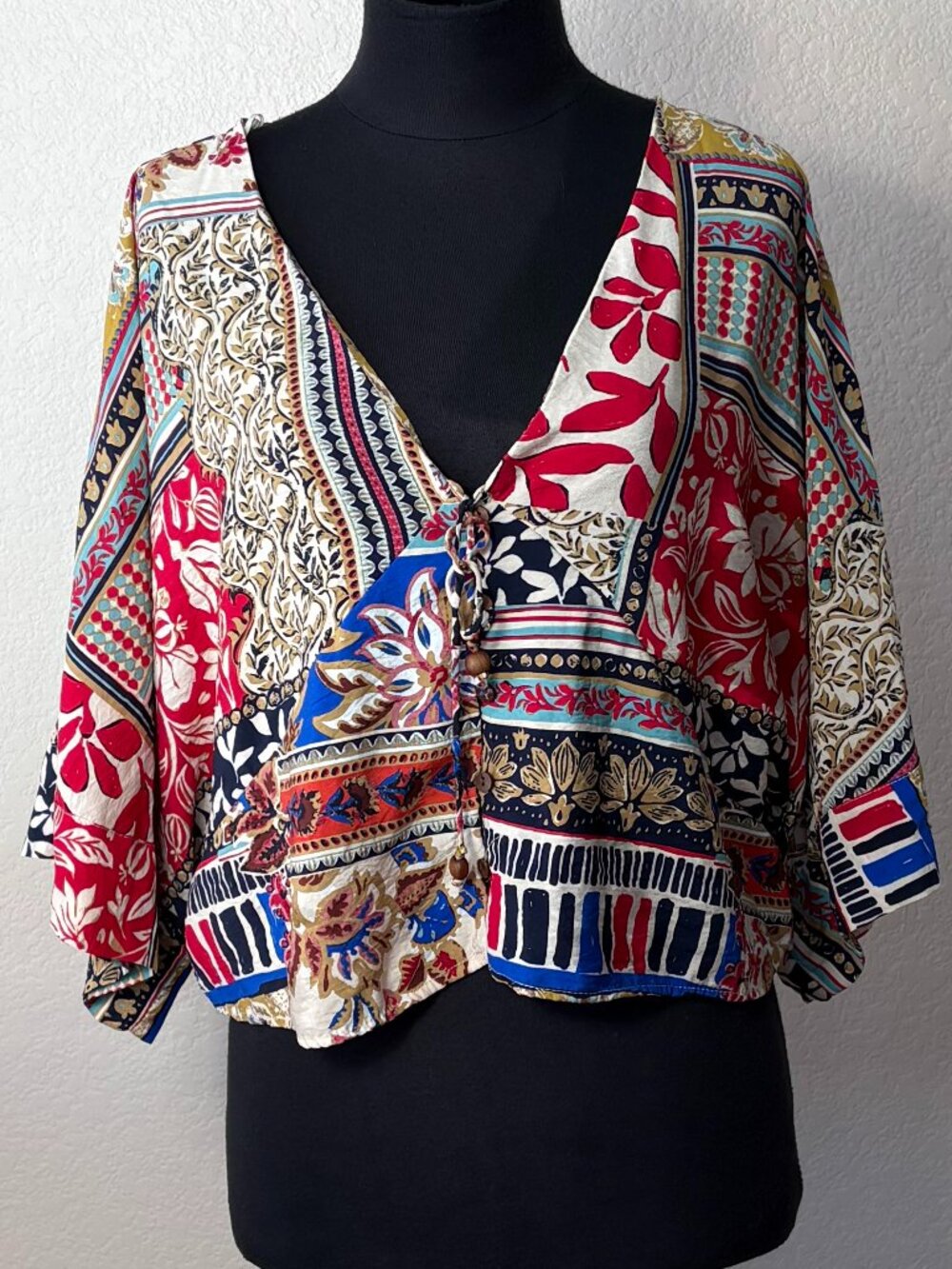 Zara Patchwork Print Cropped Blouse XL Made in Spain Boho Resort Kimono Sleeve